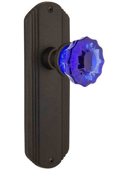 Streamline Deco Door Set with Colored Fluted Crystal Glass Knobs Cobalt Blue in Oil-Rubbed Bronze.